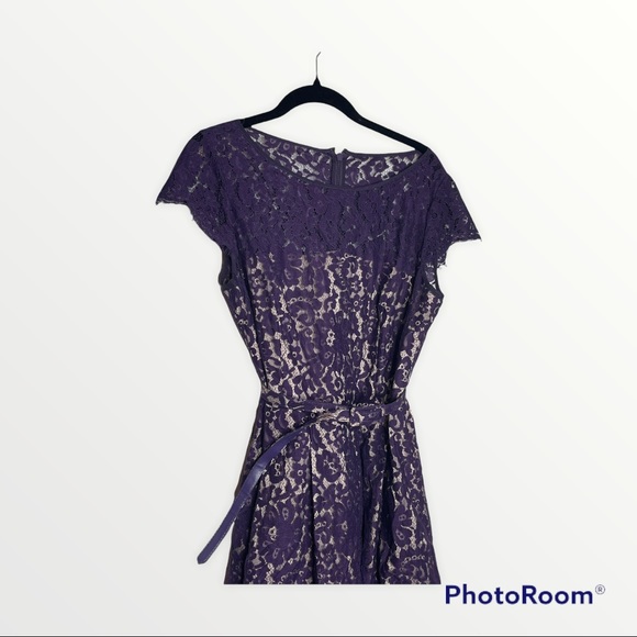 ELIZA J Purple Lace Belted Cap Sleeve Fit and Flare Cocktail Dress, Size 10 - Picture 5 of 10
